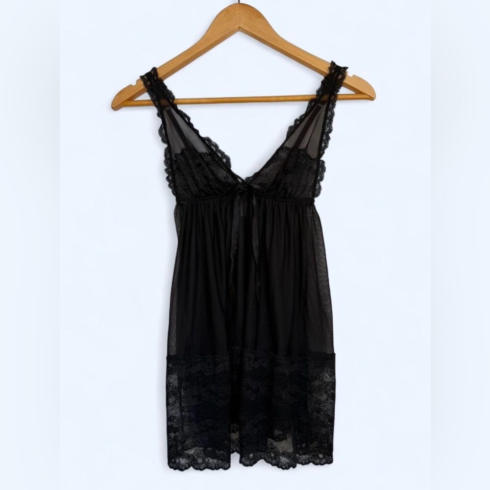 Victoria's Secret Black Lace Babydoll Top Sheer Mesh Slip Dress Y2K Vintage, XS
